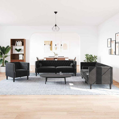 Living Room Couch 3 pcs Black 194 x 74.5 x 70.5 cm Velvet