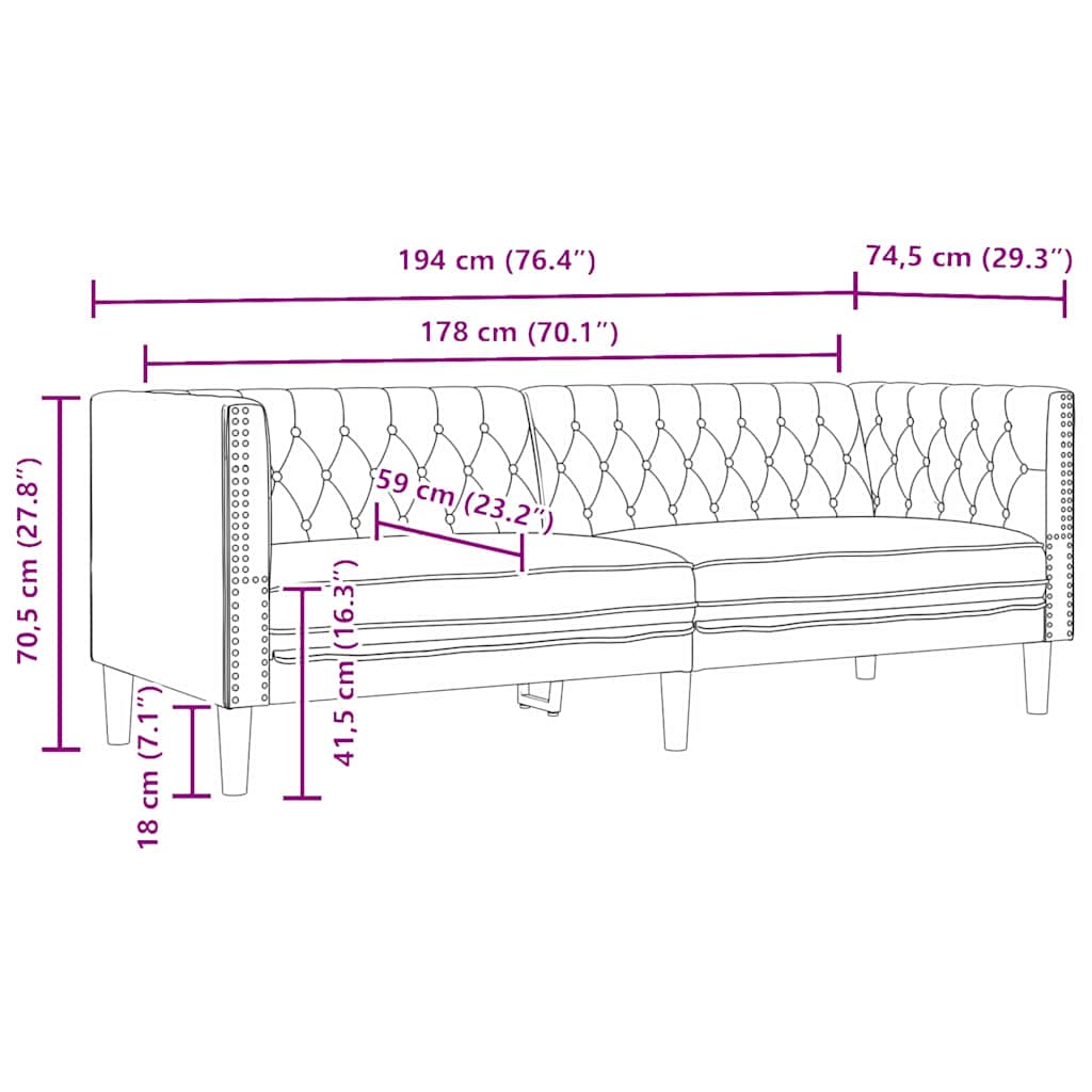 Chesterfield Sofa Black 194 x 74.5 x 70.5 cm Faux leather