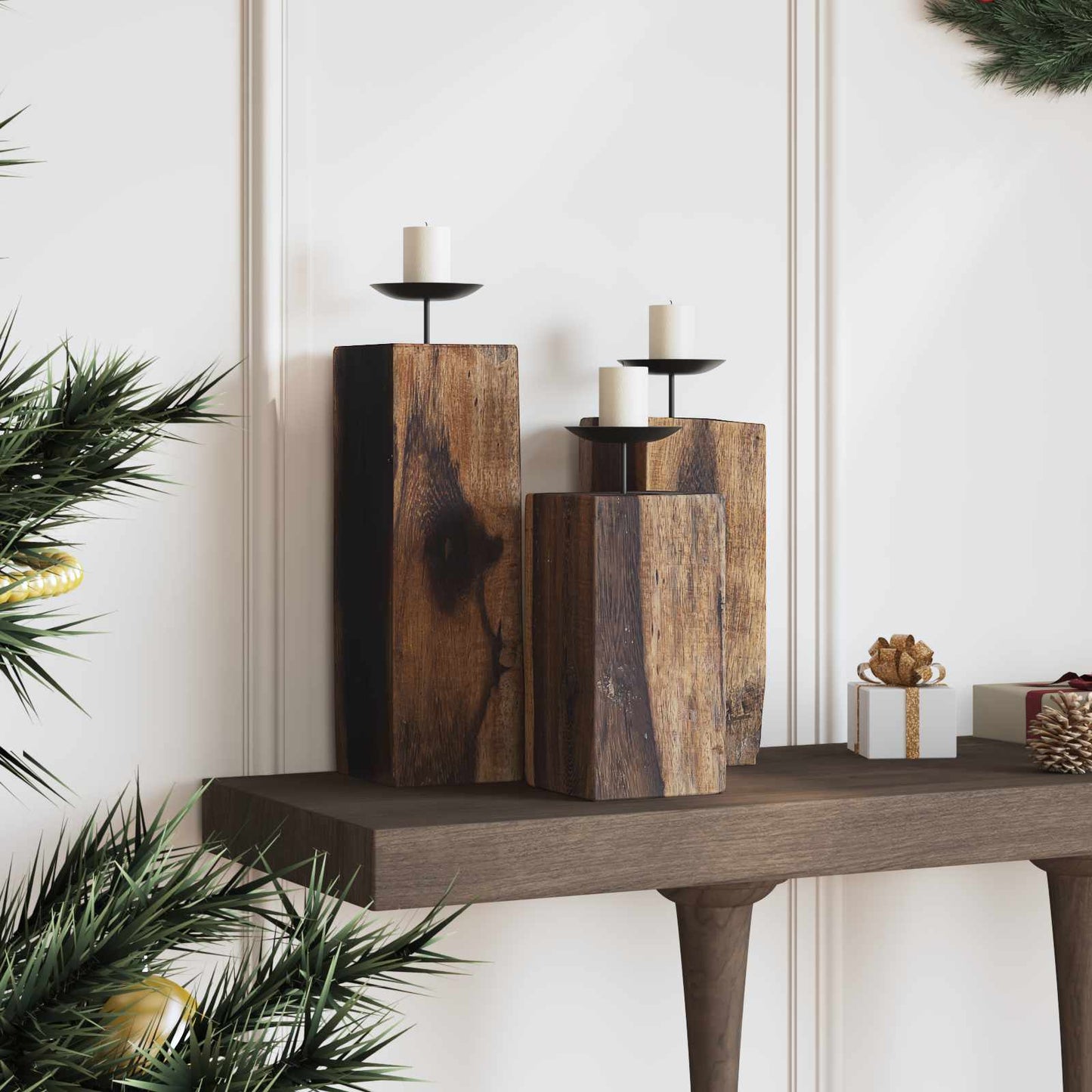 Candle Holder 3 pcs Natural Solid Reclaim wood