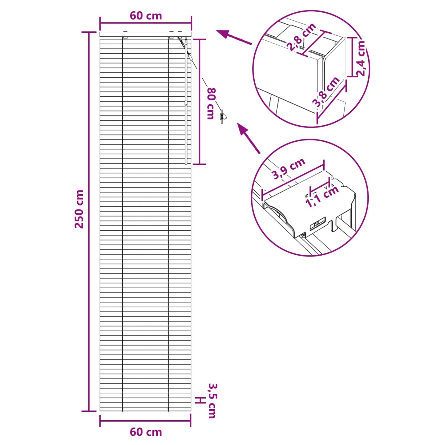 Venetian Blind White 60 x 250 cm 35 mm Solid Paulownia Wood