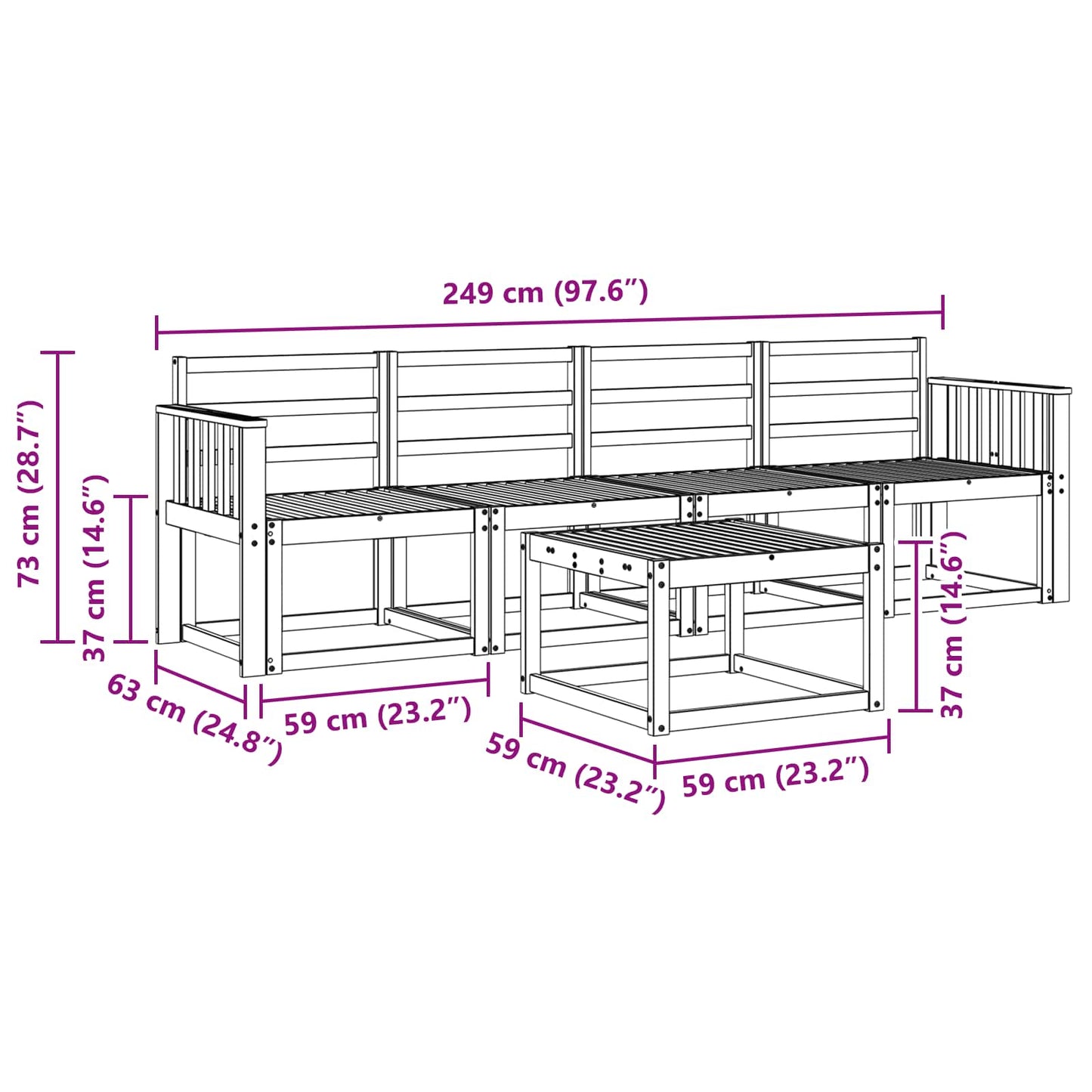 Outdoor Sofa Set 5 pcs White 59 x 59 x 37 cm Solid Acacia Wood