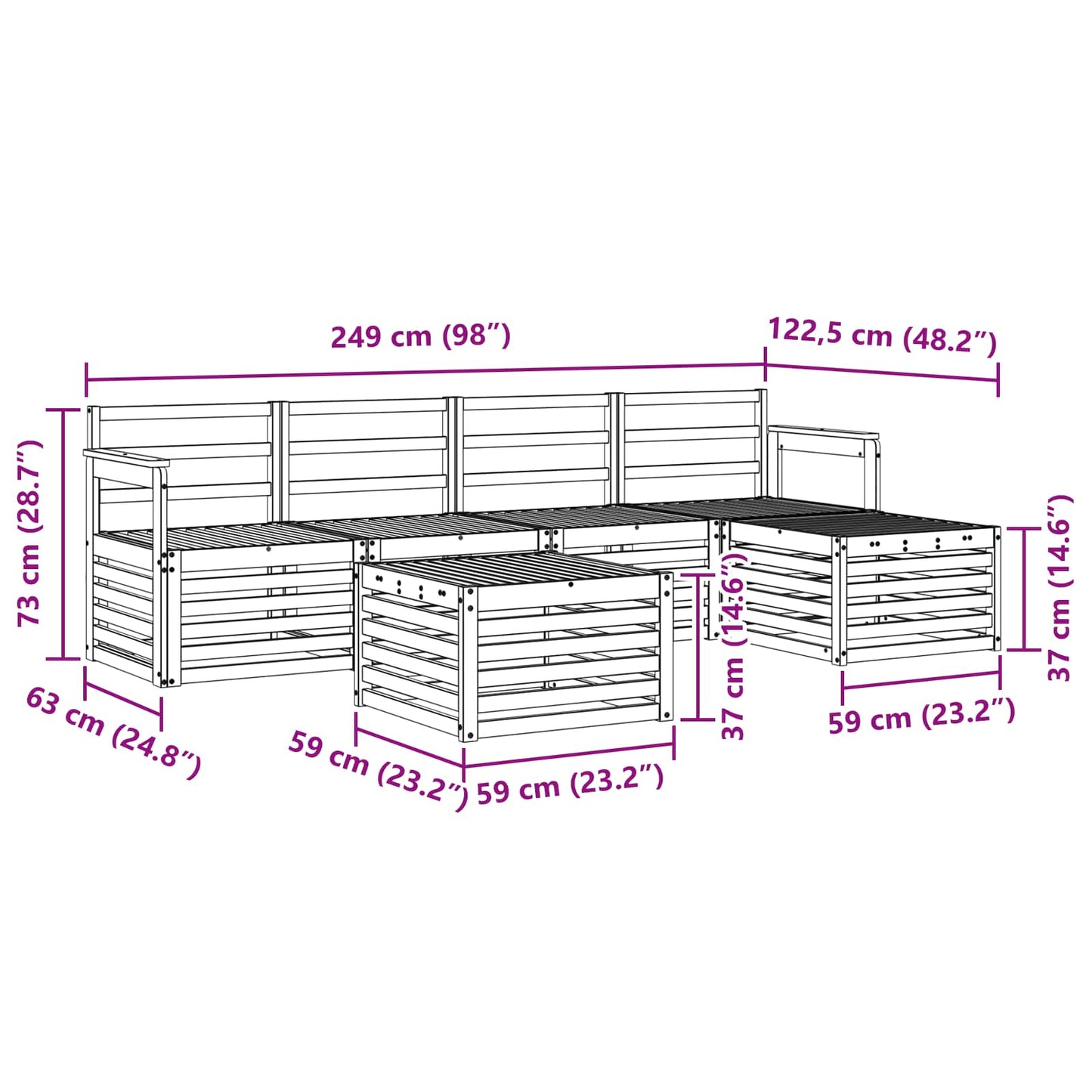 Outdoor Sofa Set 6 pcs White 59 x 59 x 37 cm Solid Acacia Wood
