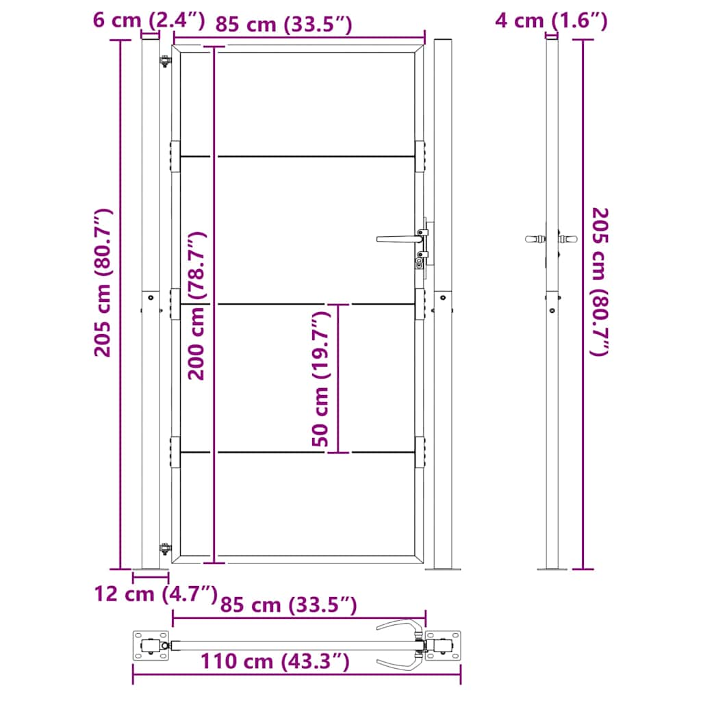 Garden Gate with Lock Black 110 x 205 cm Powder-Coated Steel