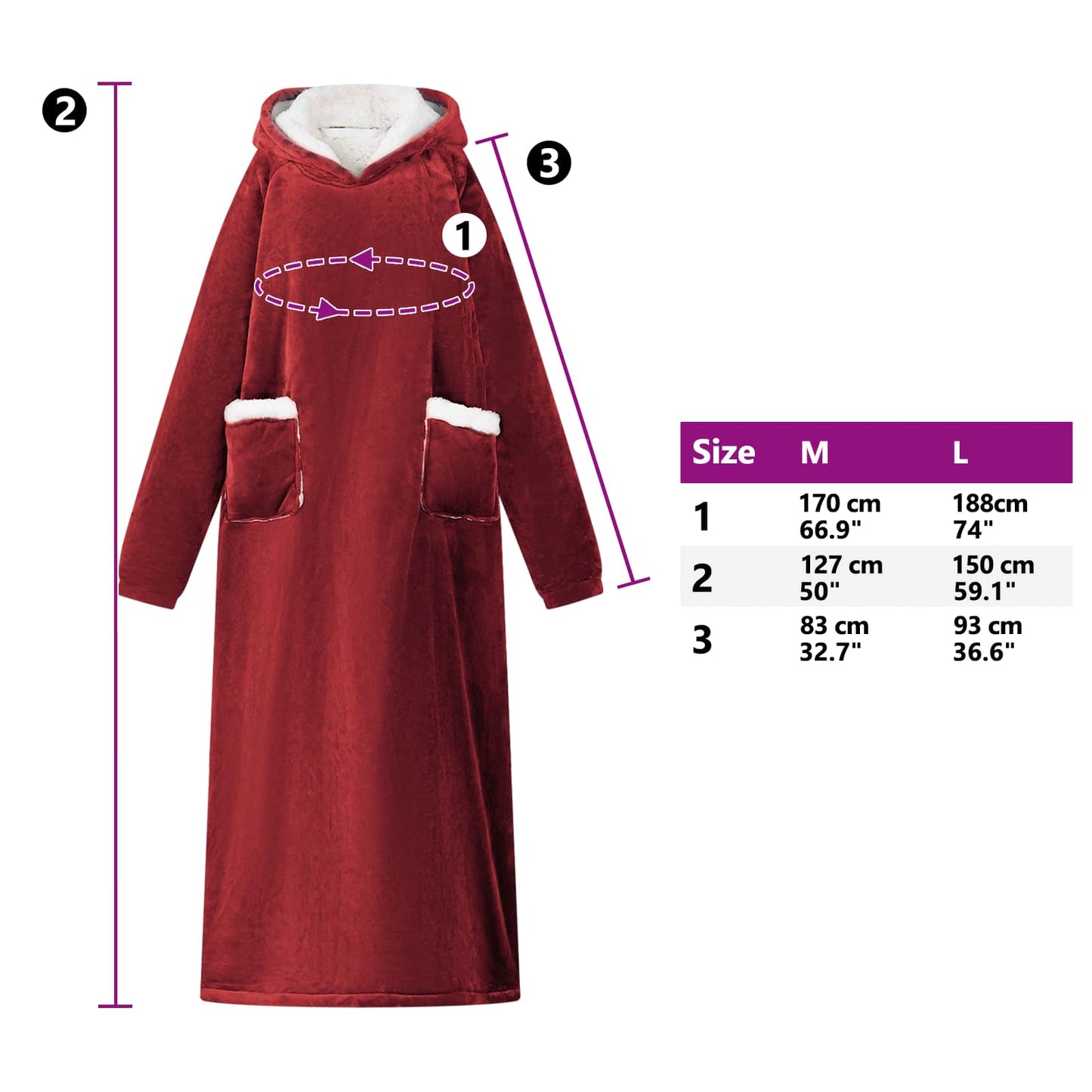 Blanket Hoodie Bordeaux Red M Fleece and Flannel