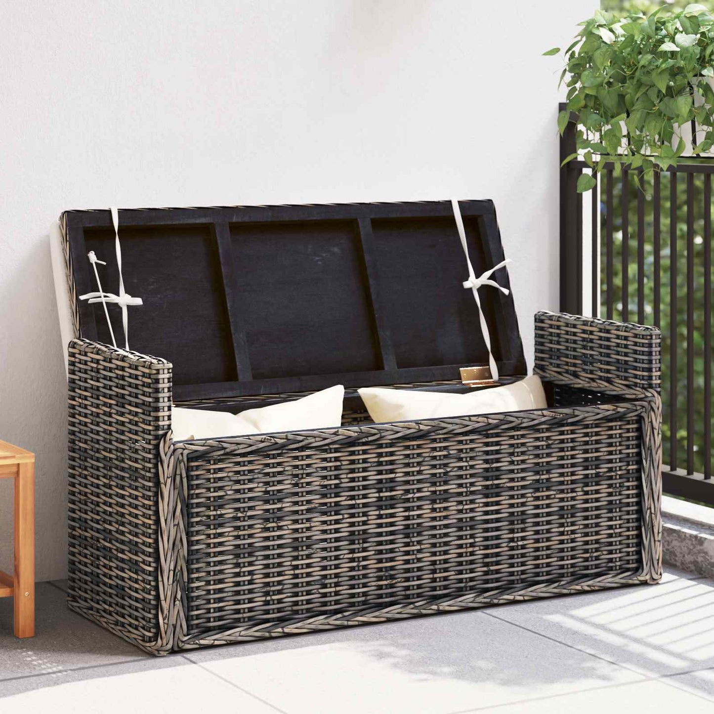 Storage Bench with Cushion Black Wash 110 x 40 x 50 cm Rattan