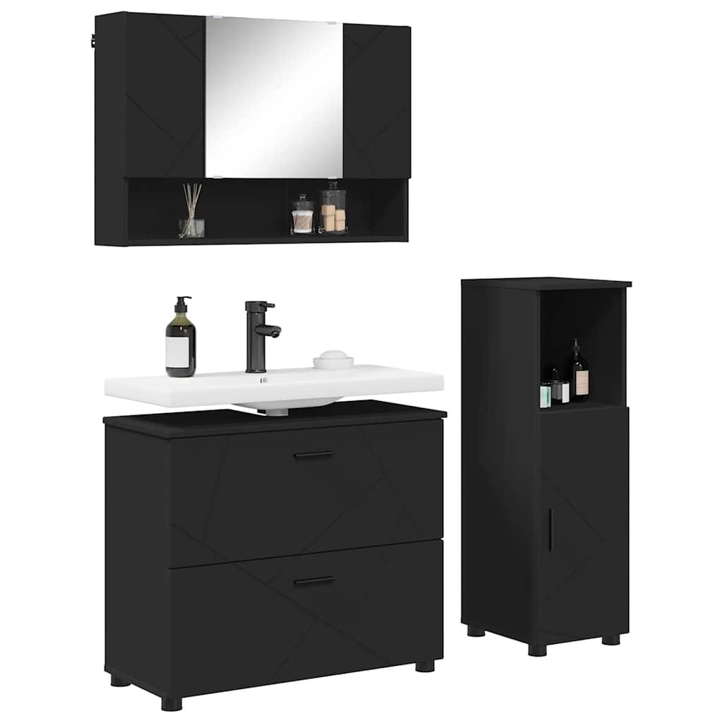 Bathroom Furniture Set 3 pcs Black Engineered Wood and Metal