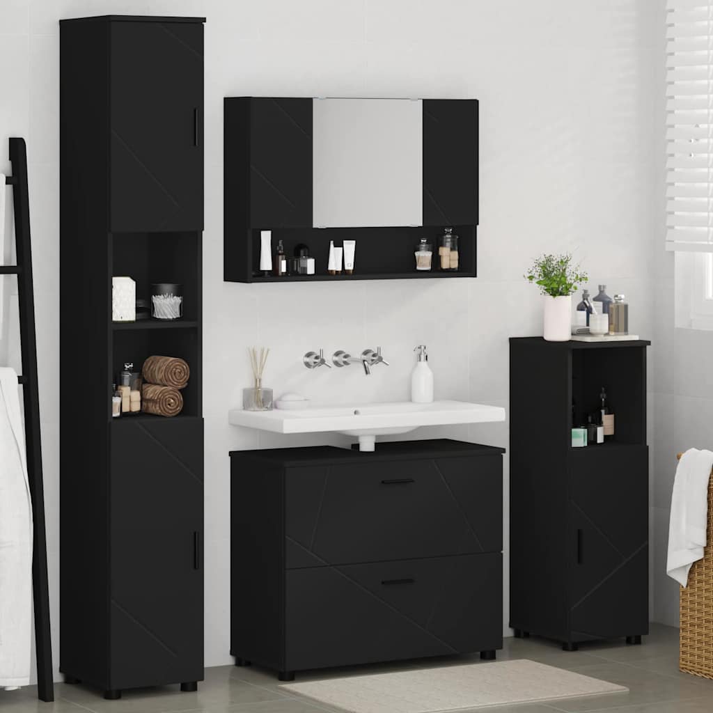 Bathroom Furniture Set 4 pcs Black Engineered Wood and Metal