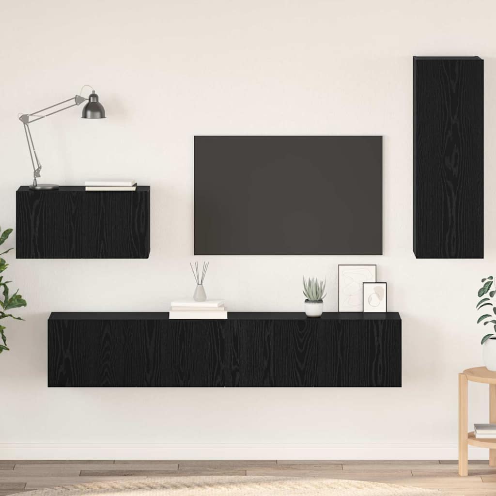 Wall TV Cabinet Wall-mounted 4 pcs Black Oak Engineered Wood
