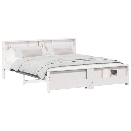 Bed Frame with Shelf White 200 x 200 cm Solid Pine Wood