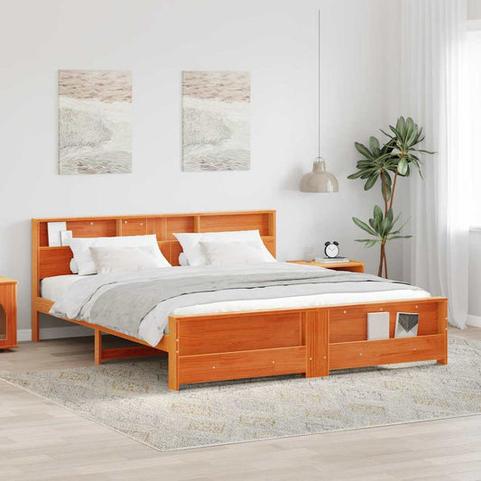Bed Frame with Shelf Wax Brown 200 x 200 cm Solid Pine Wood