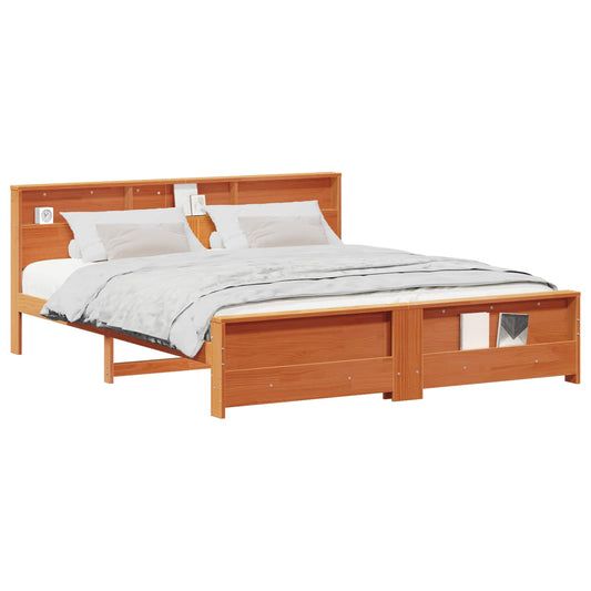Bed Frame with Shelf Wax Brown 200 x 200 cm Solid Pine Wood