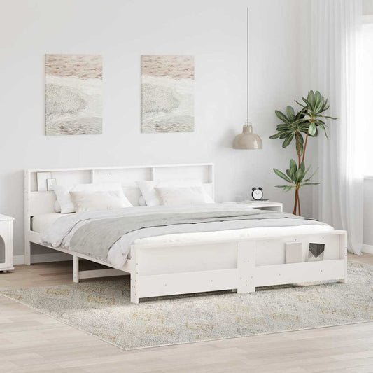 Bed Frame with Shelf White 180 x 200 cm Solid Pine Wood