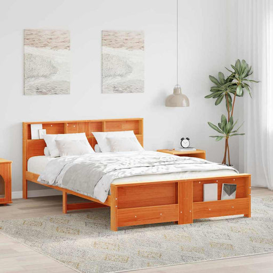Bed Frame with Shelf Wax Brown 160 x 200 cm Solid Pine Wood