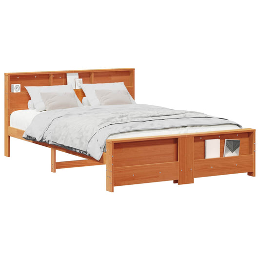 Bed Frame with Shelf Wax Brown 140 x 200 cm Solid Pine Wood