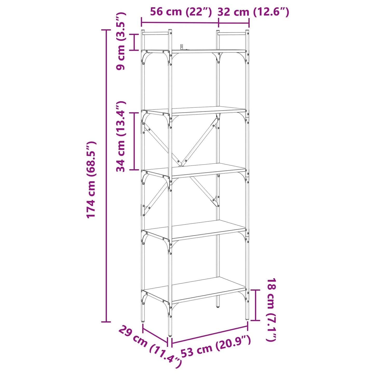 Bookcase 5-Tier 56 x 32 x 174 cm Engineered Wood Artisan Oak