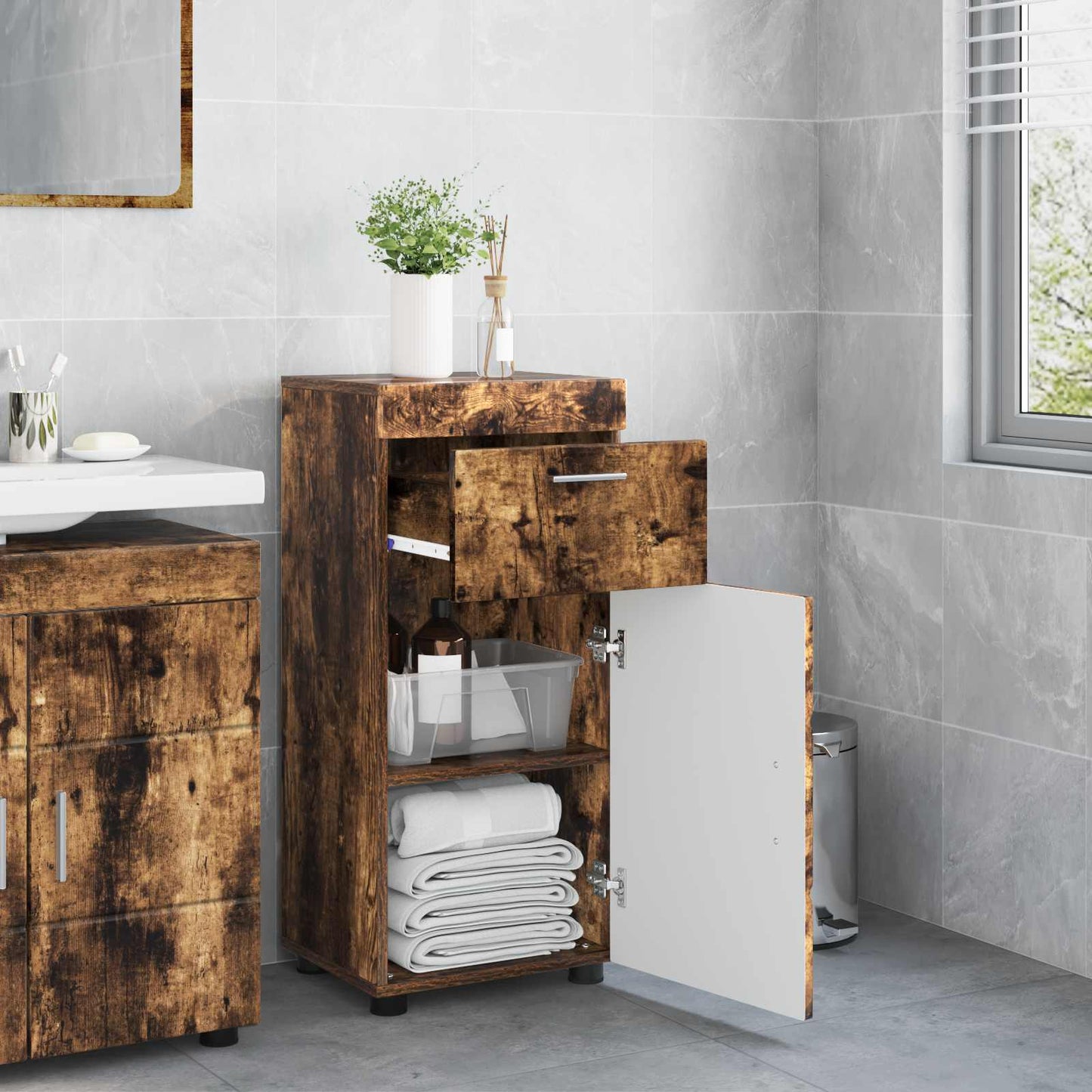 Bathroom Cabinet Set TULUM Smoked Oak 37 x 31.5 x 82 cm