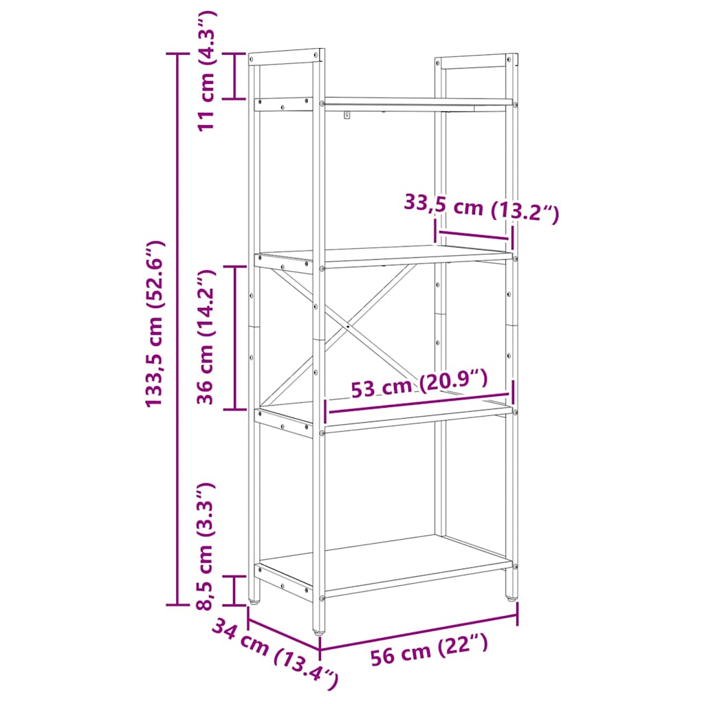 Bookshelf 4-Tier 56 x 34 x 133.5 cm Engineered Wood Artisan Oak