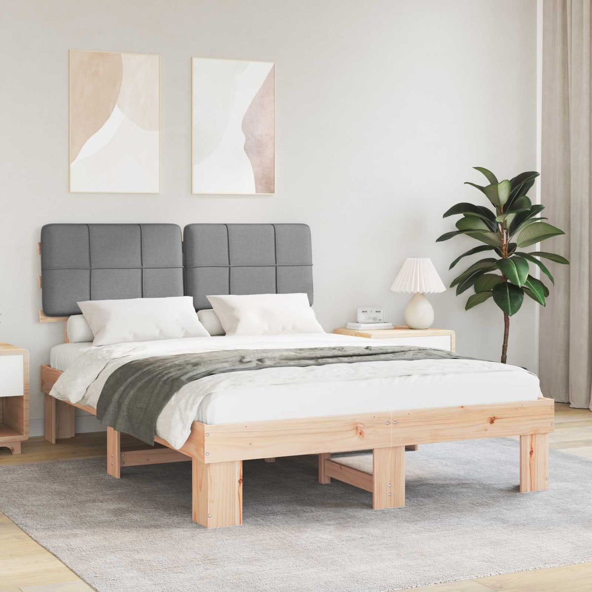 Bed Frame with Upholstered Headboard Natural and Light Grey
