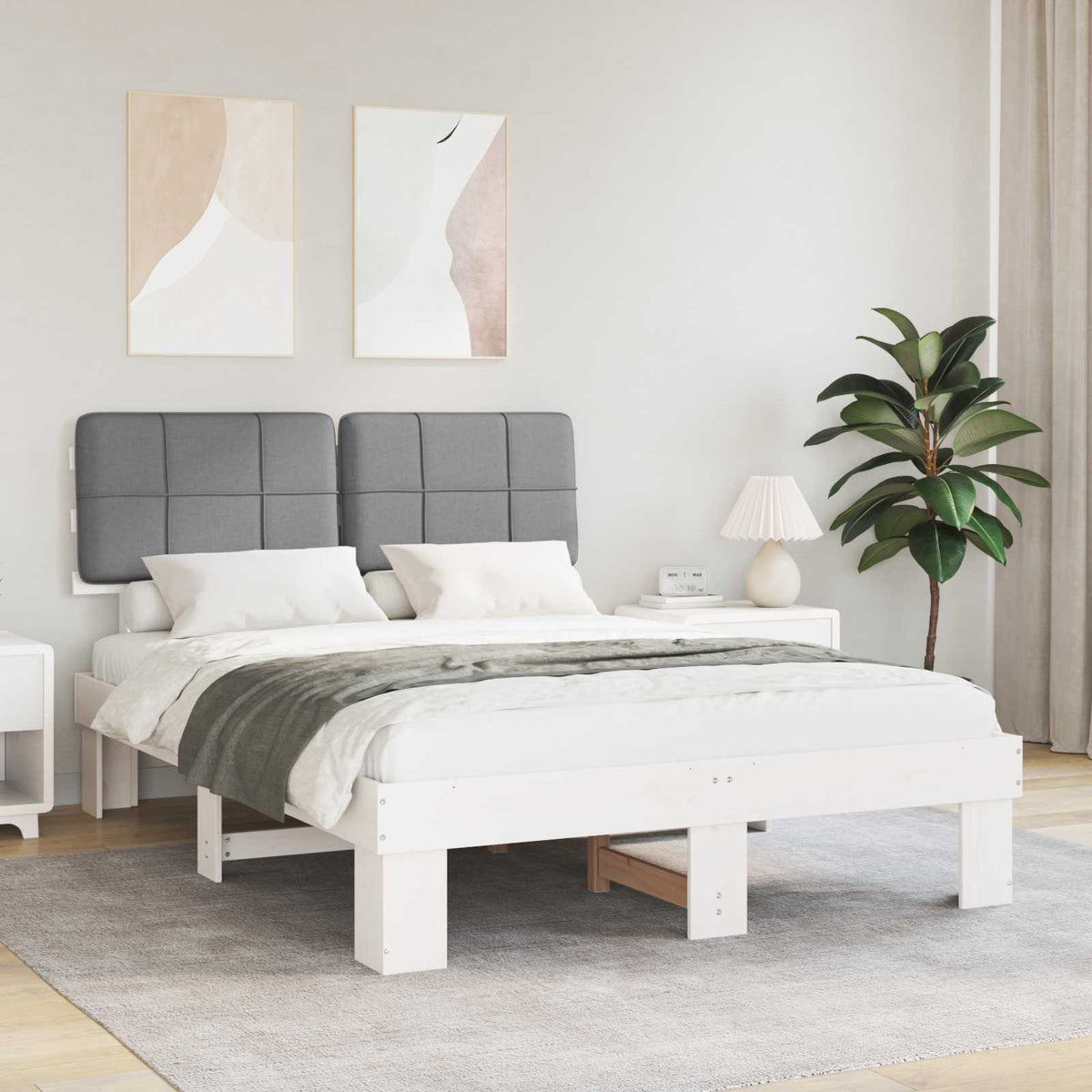 Bed Frame with Upholstered Headboard White and Light grey