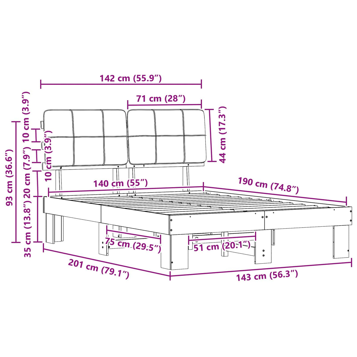Bed Frame with Upholstered Headboard Black 140 x 190 cm