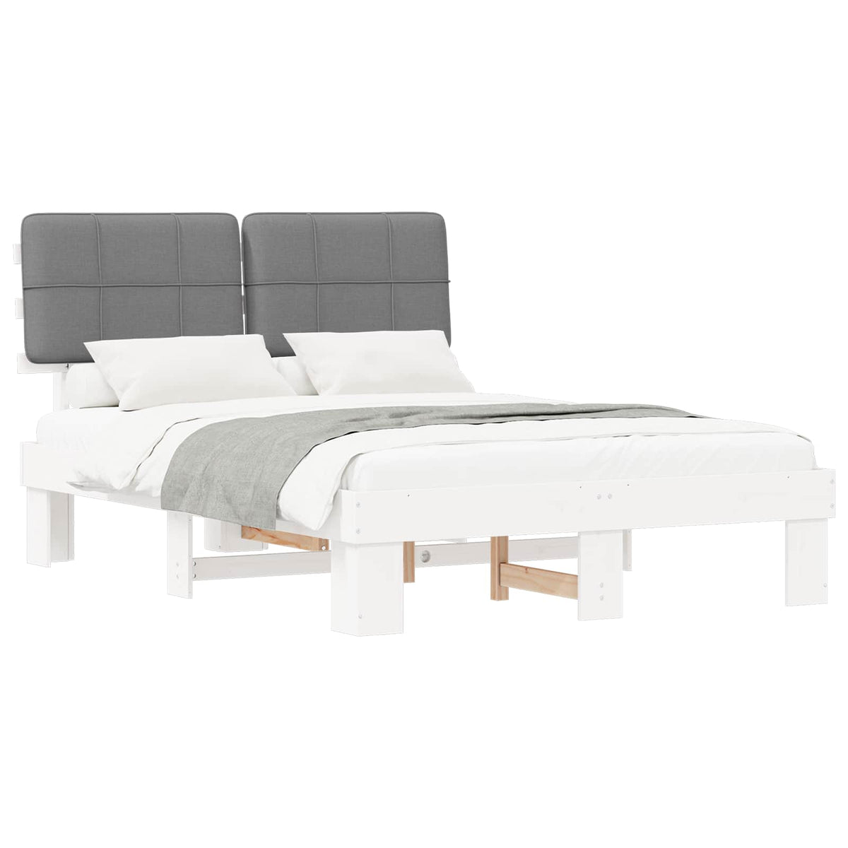 Bed Frame with Upholstered Headboard White and Light grey