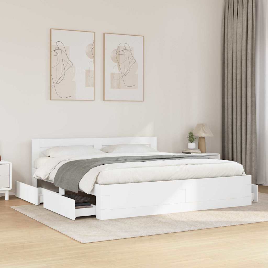Bed Frame with Drawer White 193 x 203 cm Engineered Wood