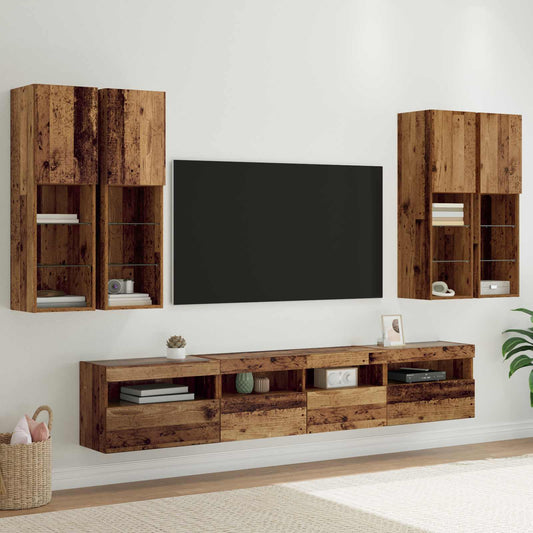 TV Wall Cabinet Set with LED Lights 7 pcs Old Wood