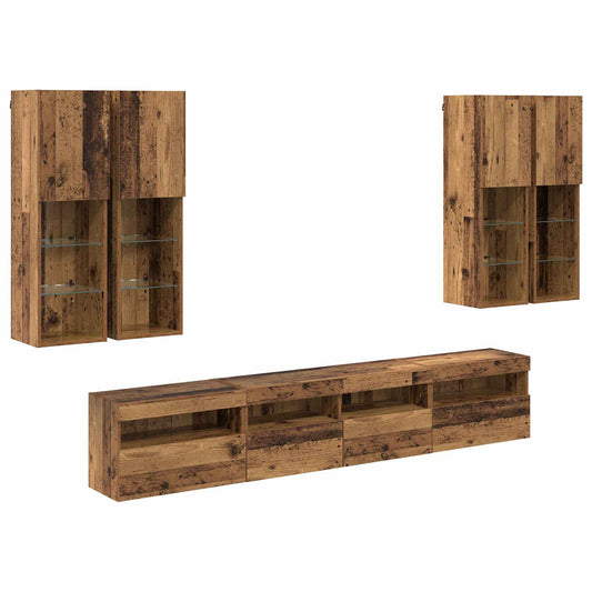 TV Wall Cabinet Set with LED Lights 7 pcs Old Wood