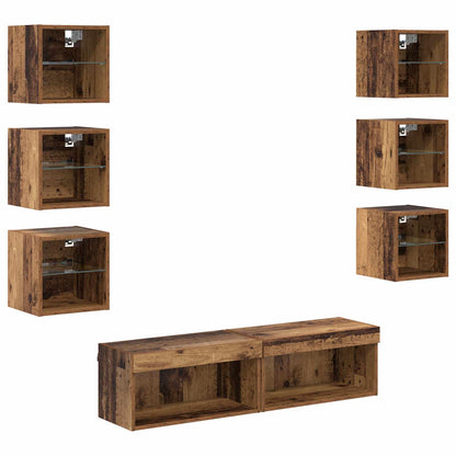 TV Cabinet with LED Strip Lights 8 pcs Old Wood Glass
