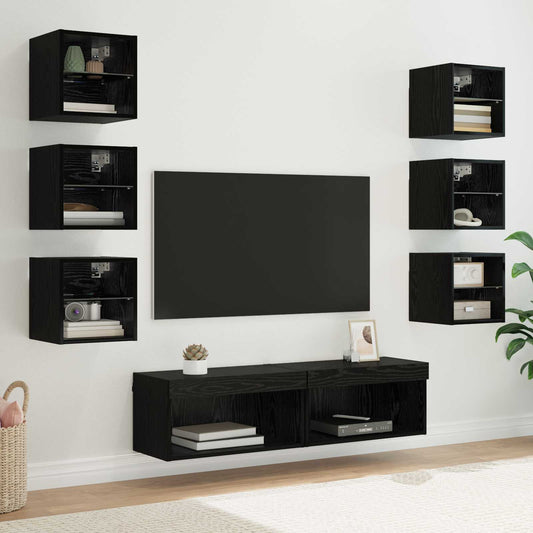 TV Cabinet 8 pcs Black Oak Glass