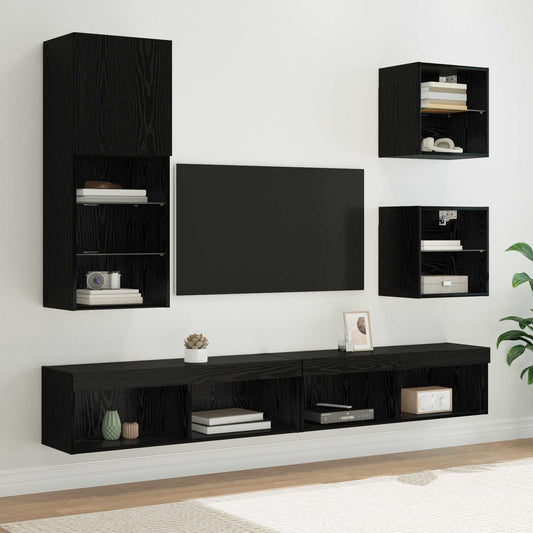 TV Wall Units with LED 5 pcs Black Oak 100 x 30 x 30 cm