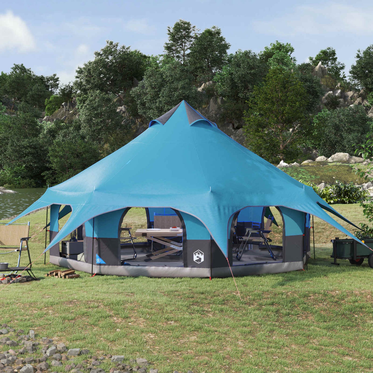 Family Tent Blue 10-Person 185T Polyester with PU Coating
