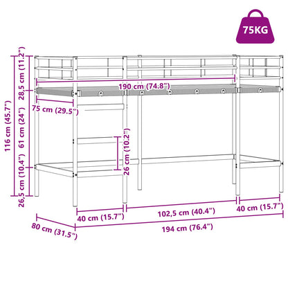 Kids'Loft Bed Frame Plain White 75 x 190 cm Steel
