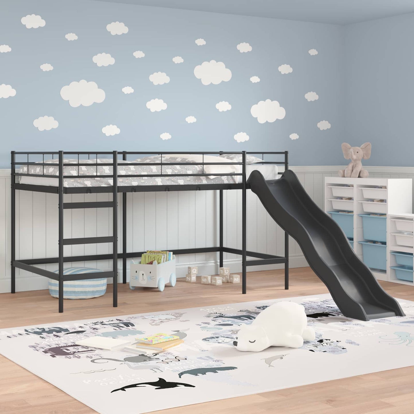 Kids'Loft Bed Frame with Slide Plain Black and Anthracite