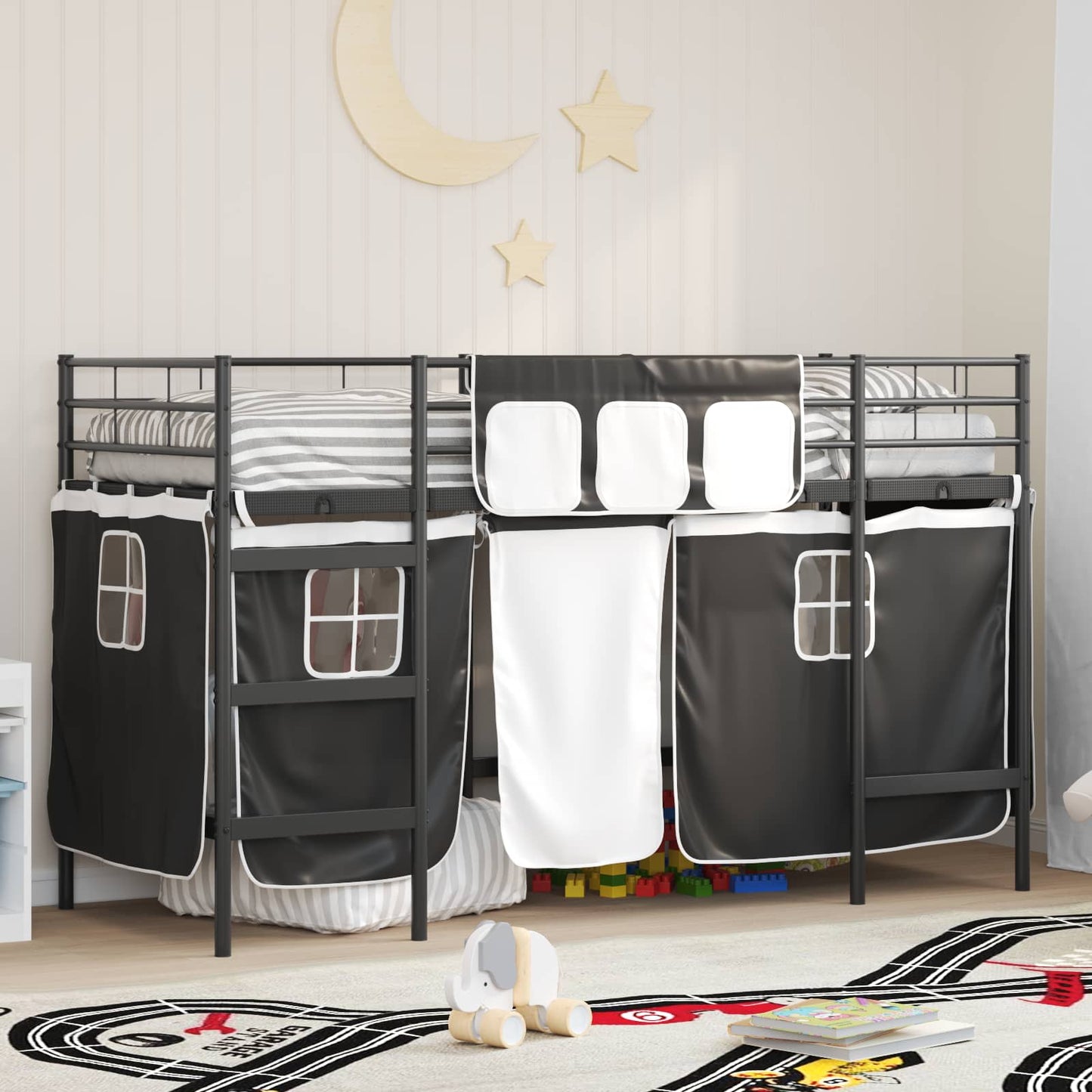 Kids'Loft Bed Frame with Curtains Black 100 x 190 cm
