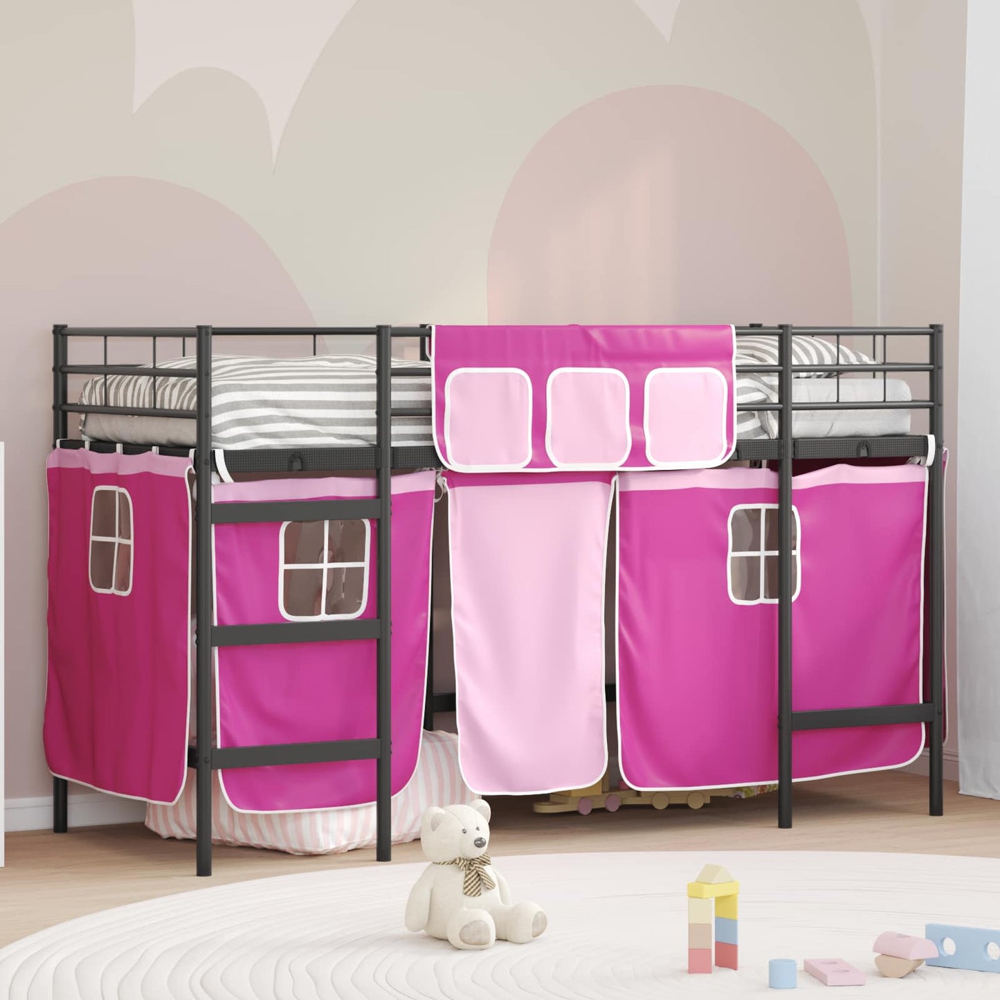 Kids'Loft Bed Frame with Curtains Black and Pink 75 x 190 cm