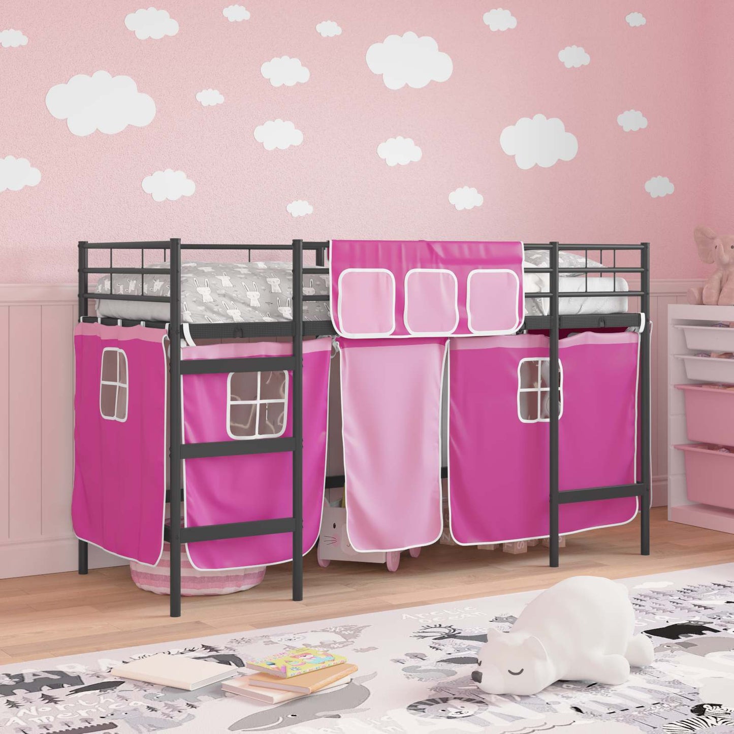 Kids'Loft Bed Frame with Curtains Black and Pink 75 x 190 cm