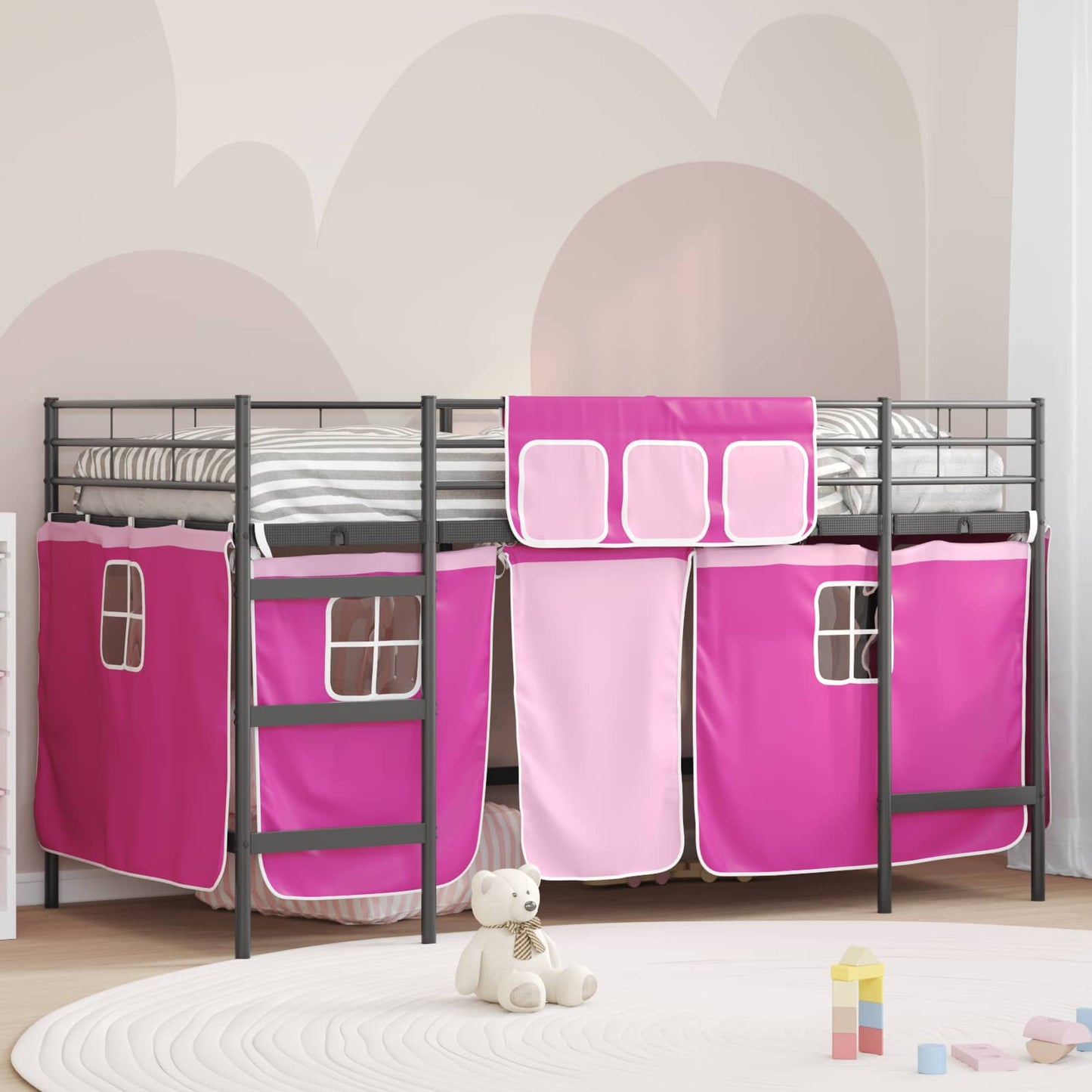 Kids'Loft Bed Frame with Curtains Black and Pink 107 x 203 cm