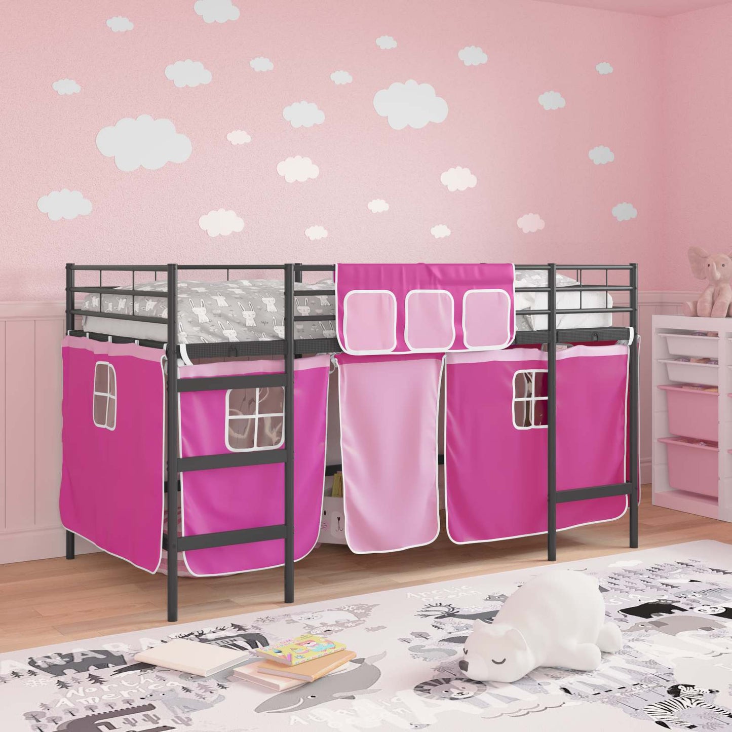 Kids'Loft Bed Frame with Curtains Black and Pink 107 x 203 cm