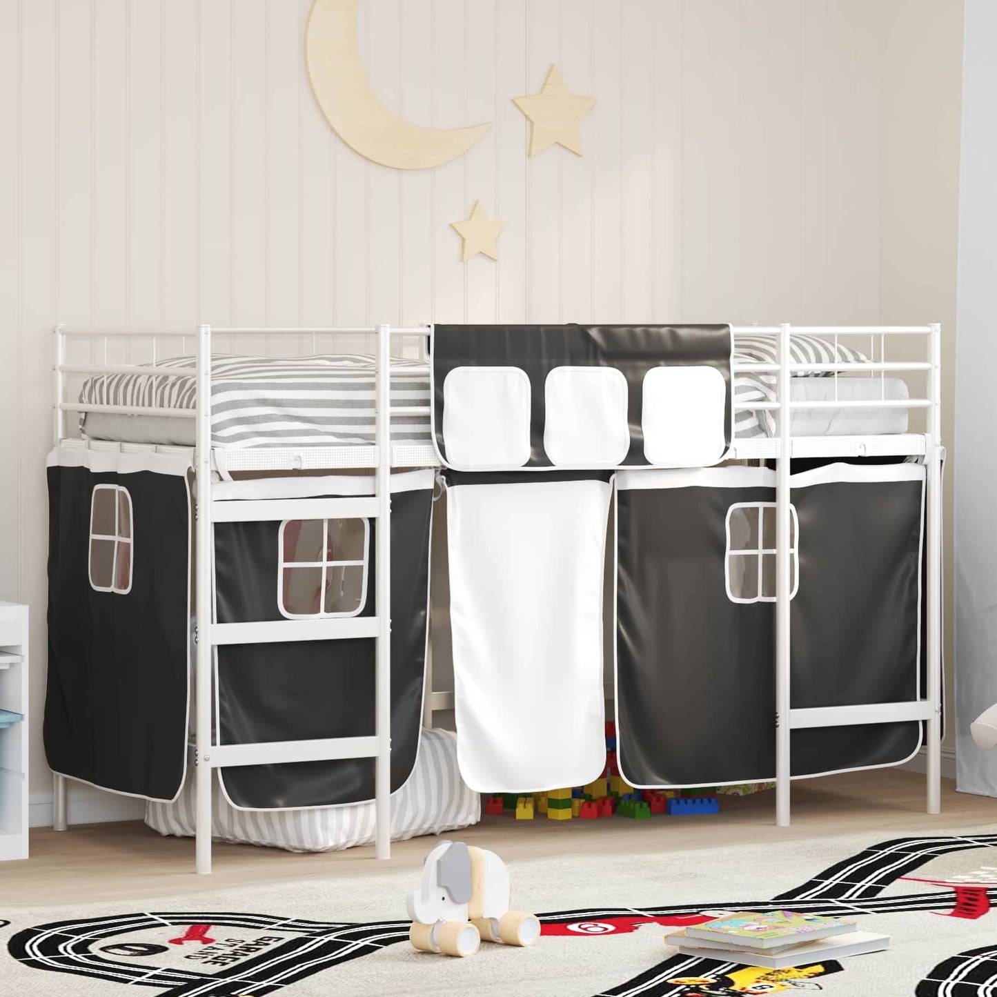 Kids'Loft Bed Frame with Curtains White and Black 100 x 190 cm