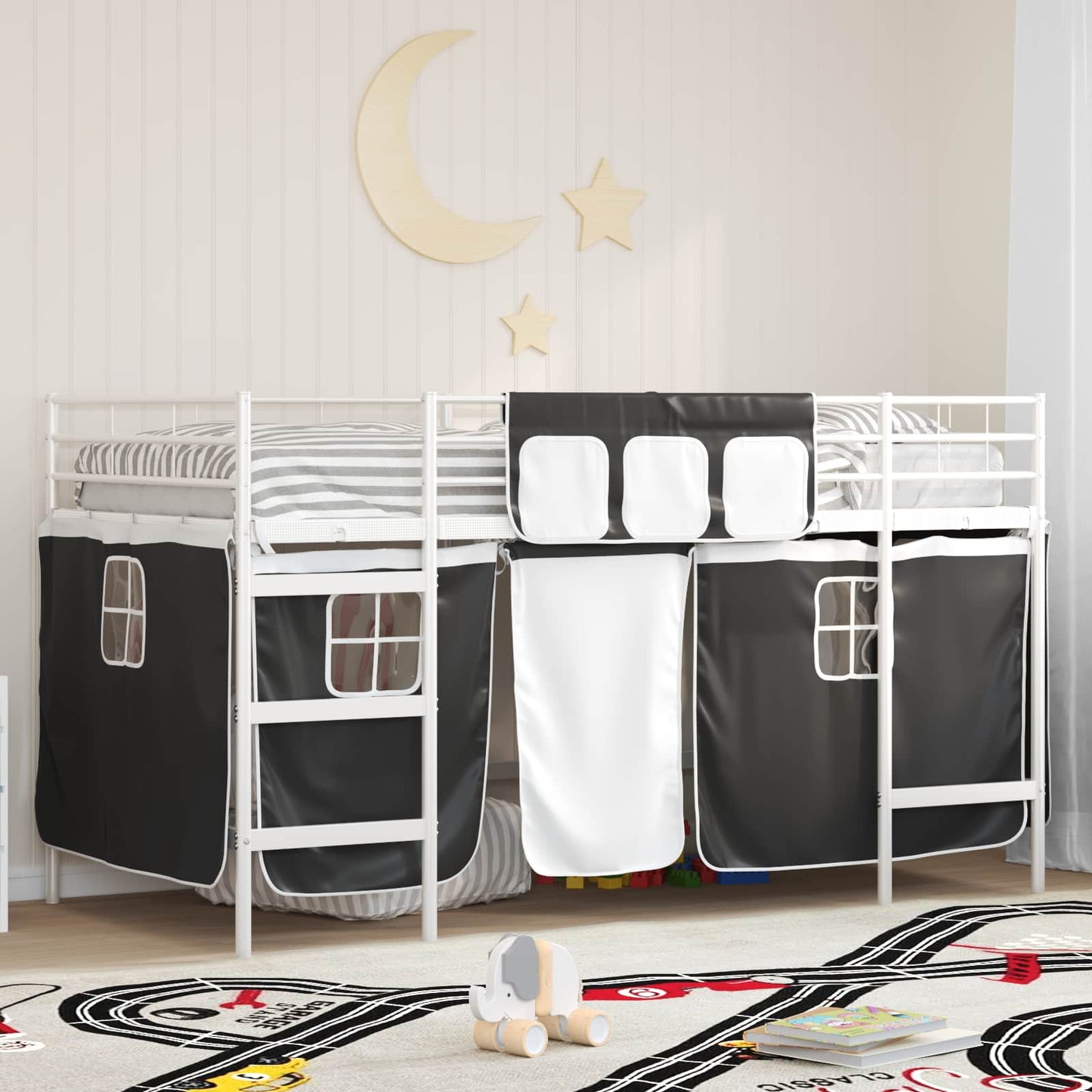 Kids'Loft Bed Frame with Curtains White and Black 107 x 203 cm