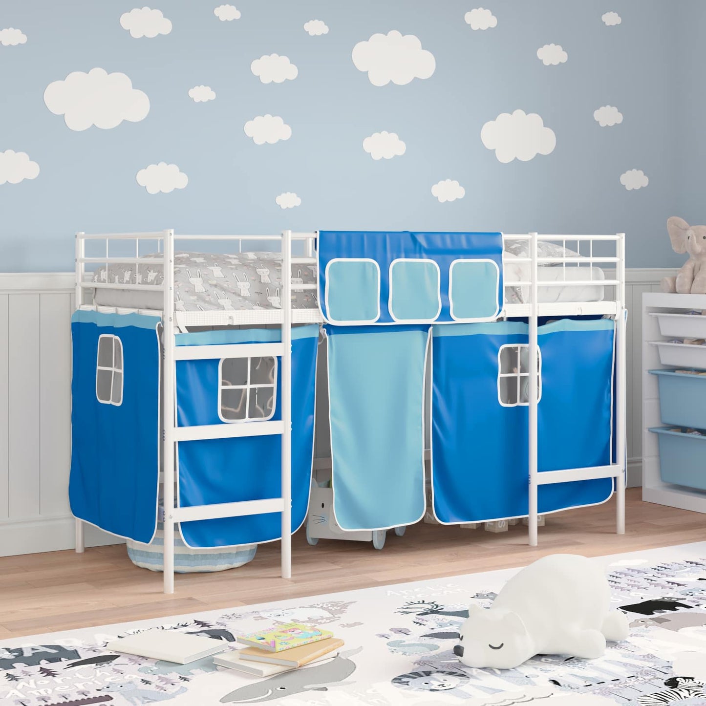 Kids'Loft Bed Frame with Curtains White and Blue 75 x 190 cm