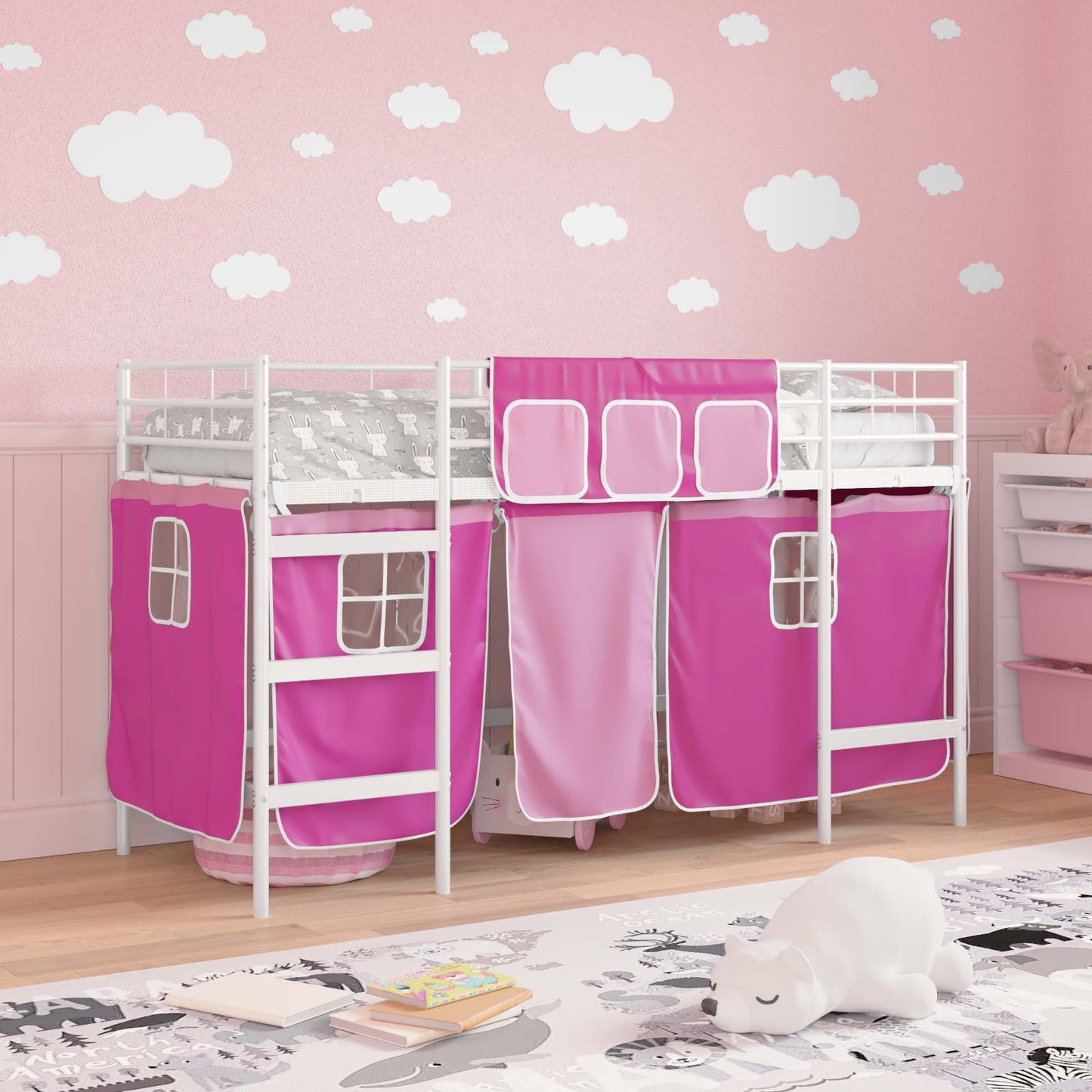 Kids'Loft Bed Frame with Curtains White and Pink 90 x 190 cm