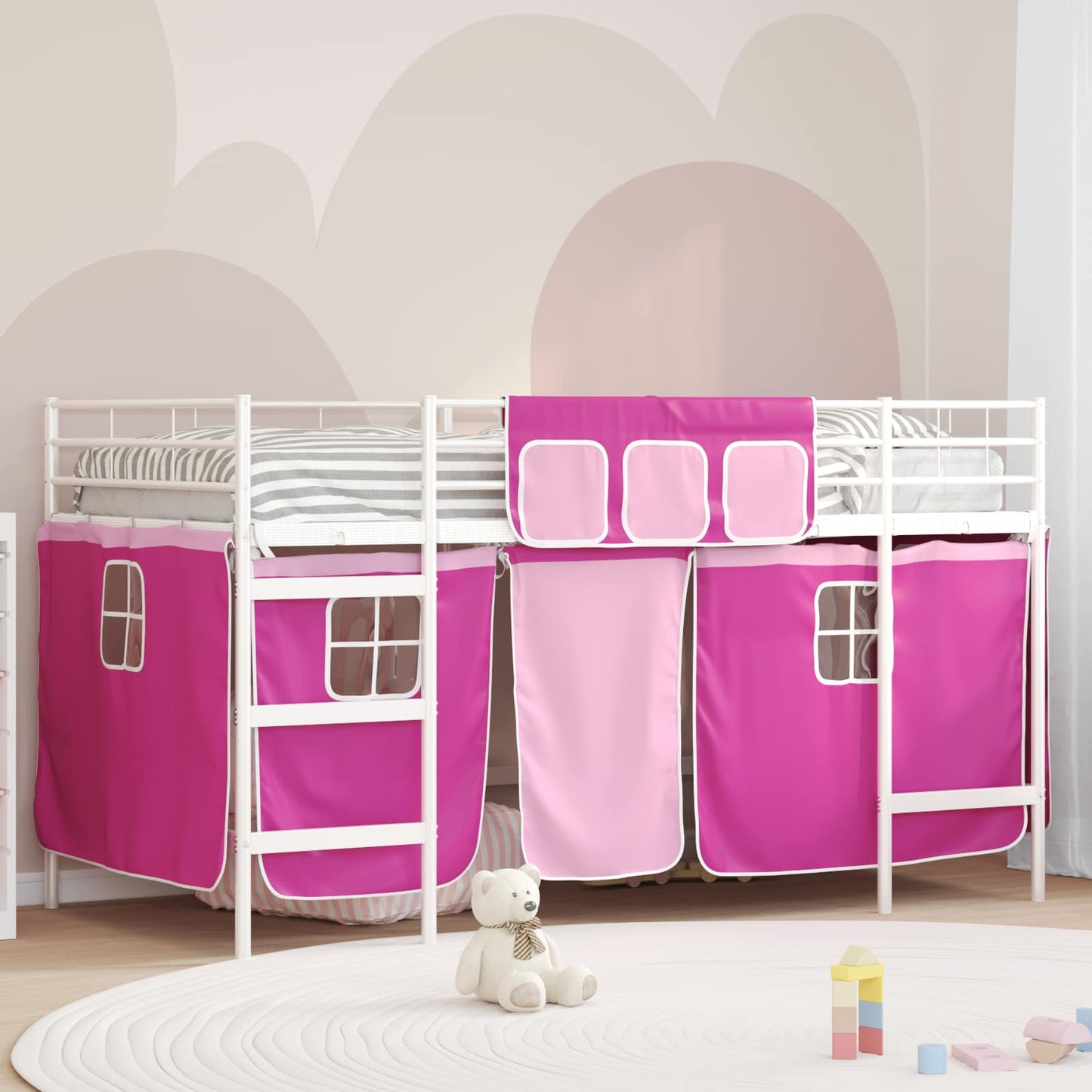 Kids'Loft Bed Frame with Curtains White and Pink 107 x 203 cm
