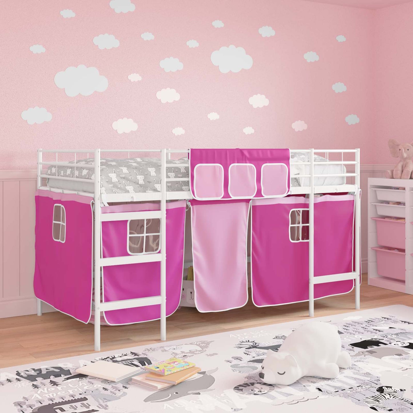 Kids'Loft Bed Frame with Curtains White and Pink 107 x 203 cm