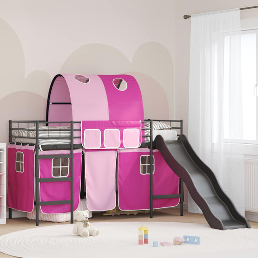 Kids'Bunk Bed Frame with Curtains Black and Pink 100 x 190 cm