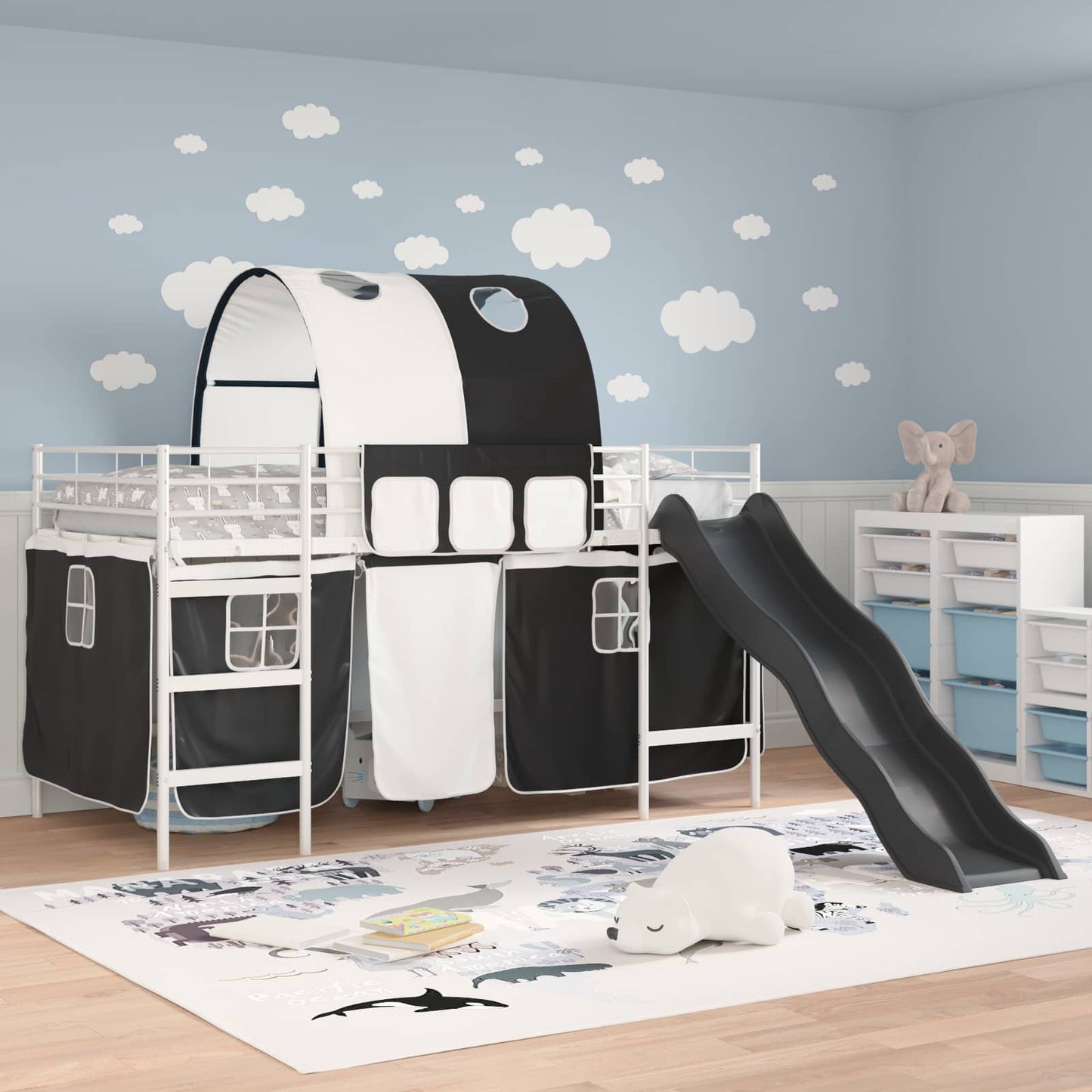 Kids'Loft Bed Frame White and Black 100 x 200 cm Metal