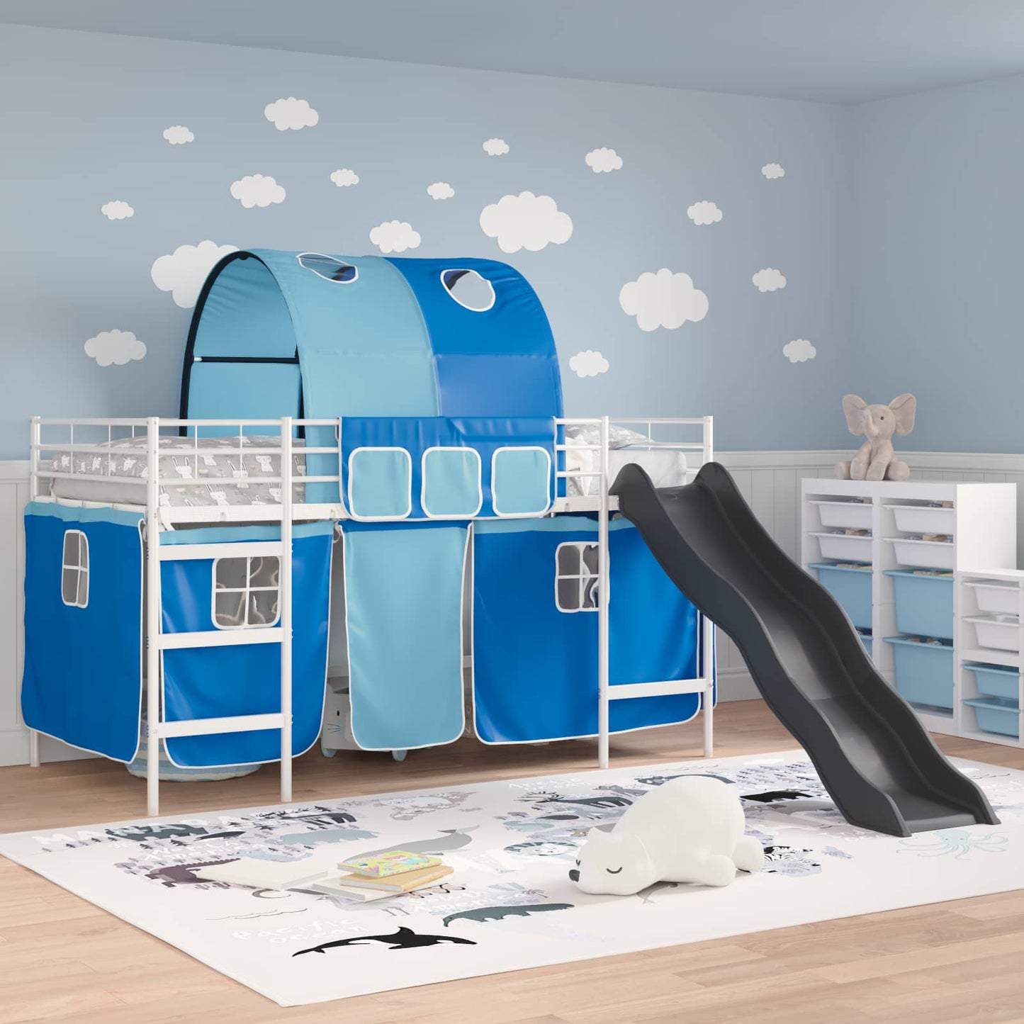 Kids'Loft Bed Frame Plain White and Blue 107 x 203 cm Metal