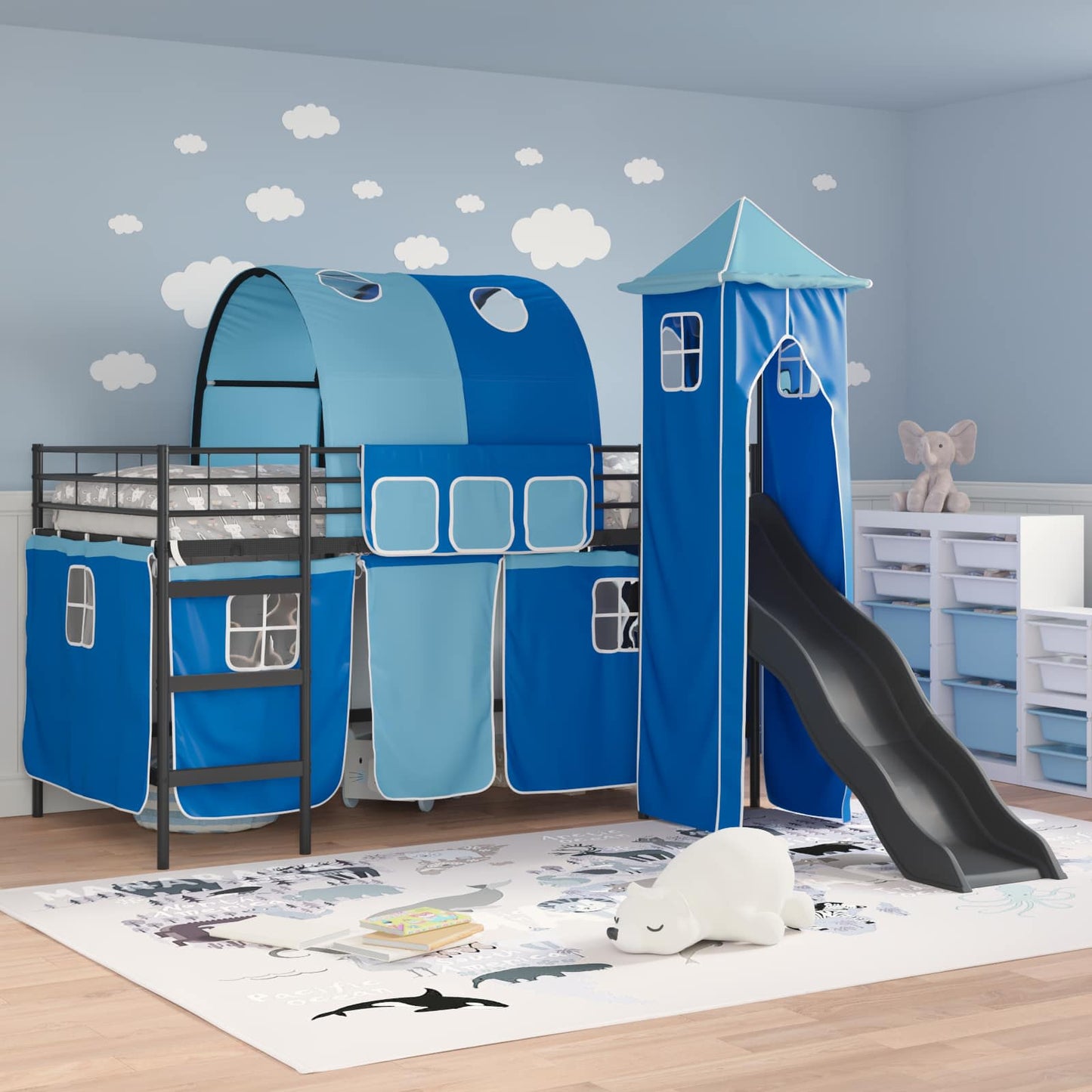 Kids'Loft Bed Frame Plain Black and Blue 80 x 200 cm Metal
