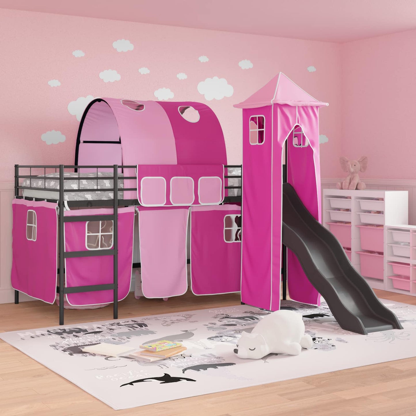Kids'Loft Bed Frame Black and Pink 90 x 200 cm Metal